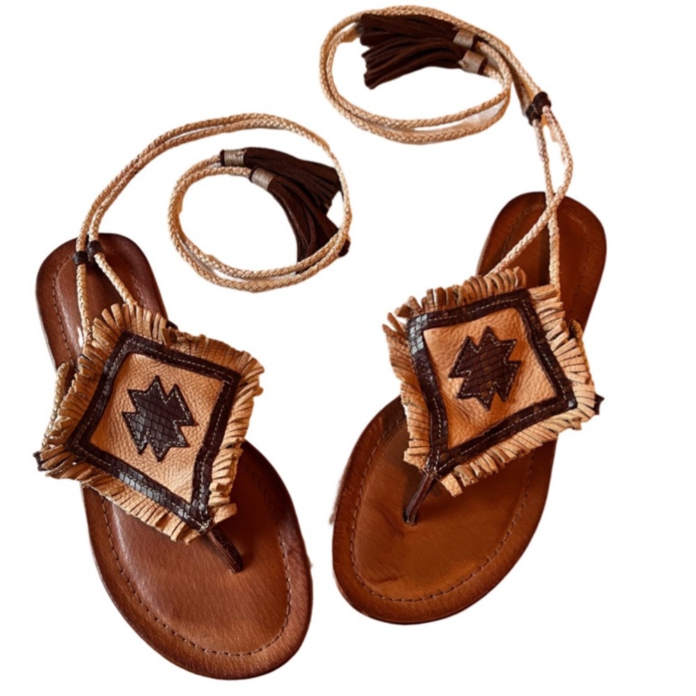 Free People Matisse Bronte Sandals Leather Lace Up Boho Western Fringe - Picture 2 of 13
